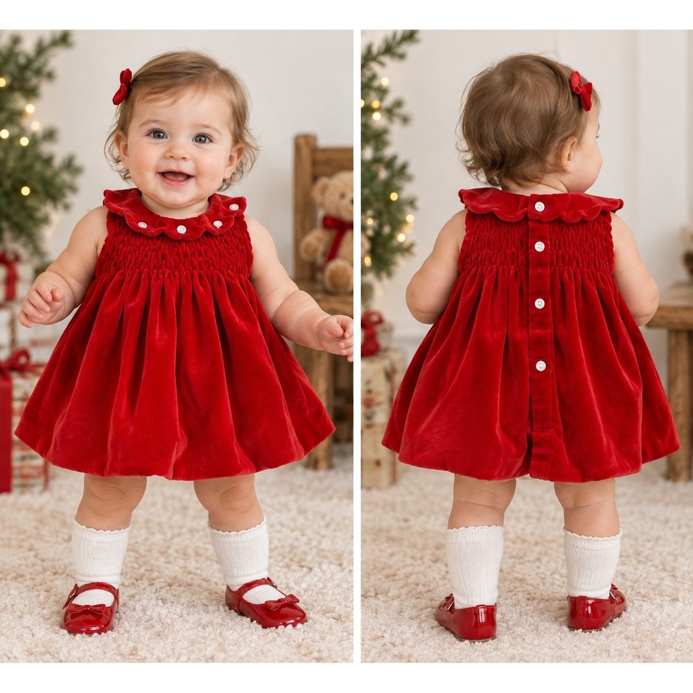 Vintage 1950s Cinderella Red Velvet Smocked Baby Dress Scalloped Collar 9 Months
